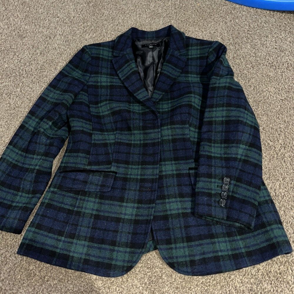 Talbots Coat Women 14P Petite Green Blue Plaid Wool Blend Peacoat‎ Collared